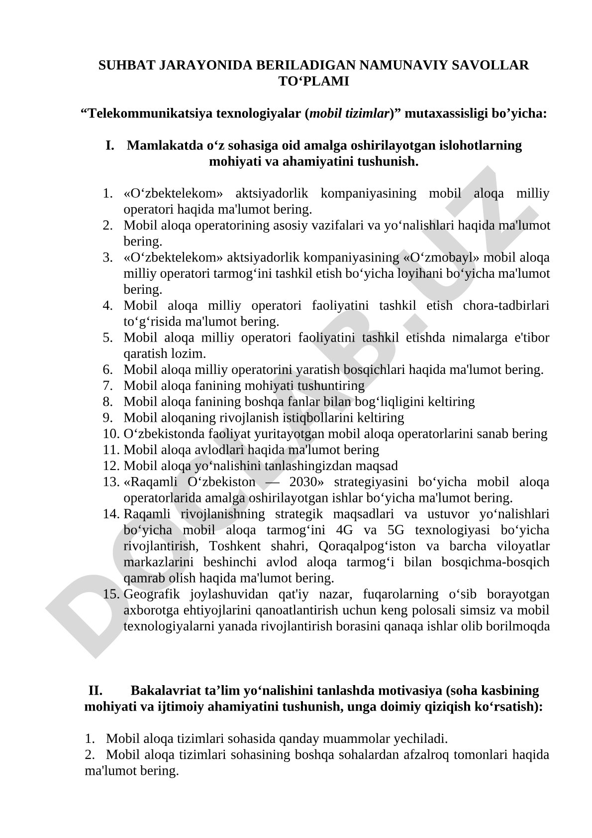 Mobil tizimlar mutaxassisligi bo'yicha suhbat savollari