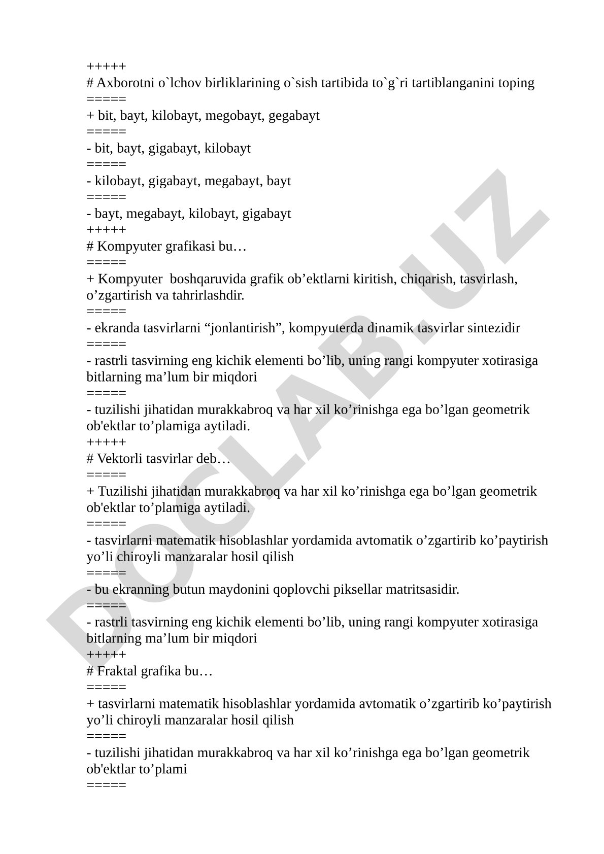 Axborot o'lchov birliklari va kompyuter grafikasi bo'yicha test