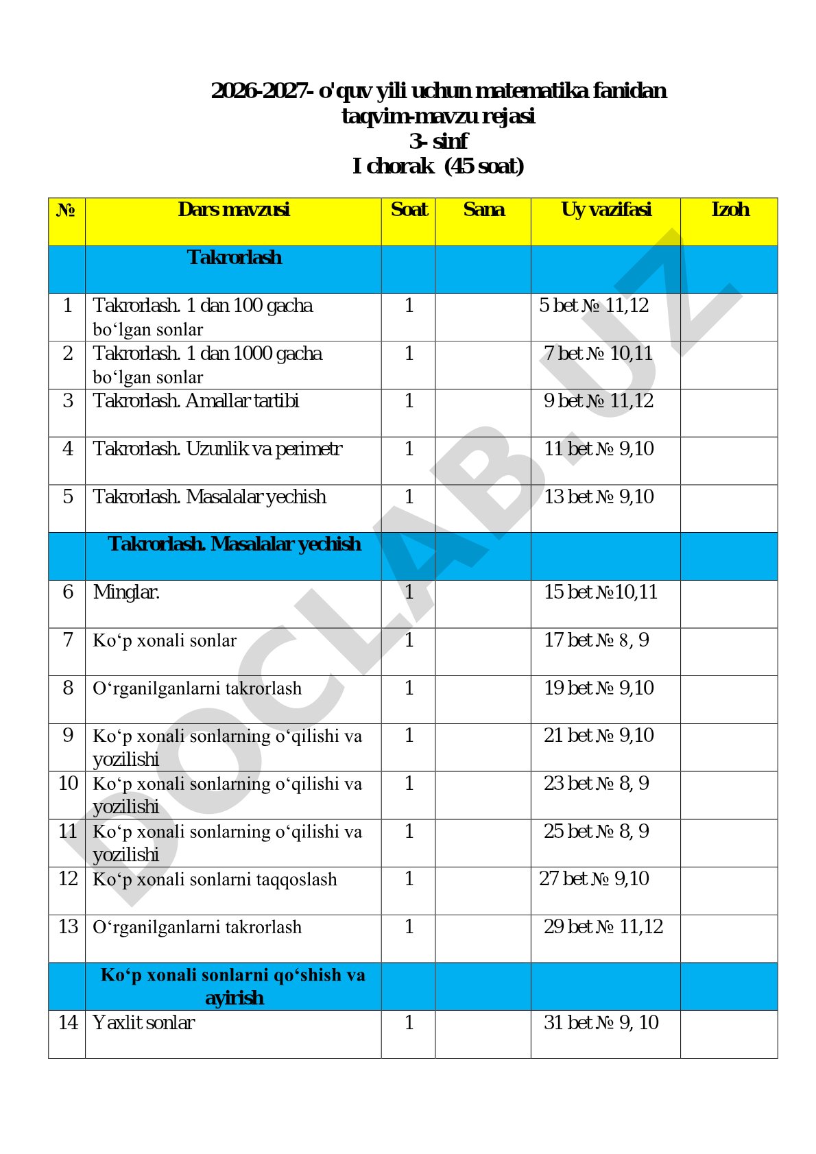 2026-2027 o'quv yili uchun matematika fanidan taqvim-mavzu rejasi 3-sinf I chorak