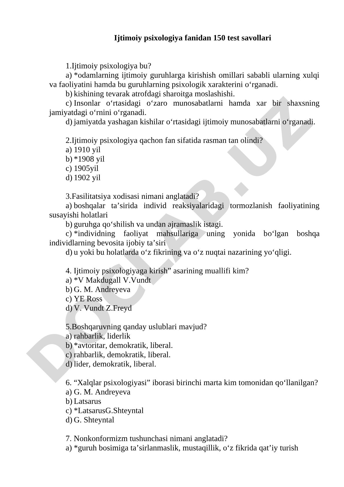 Ijtimoiy psixologiya fanidan 150 test savollari