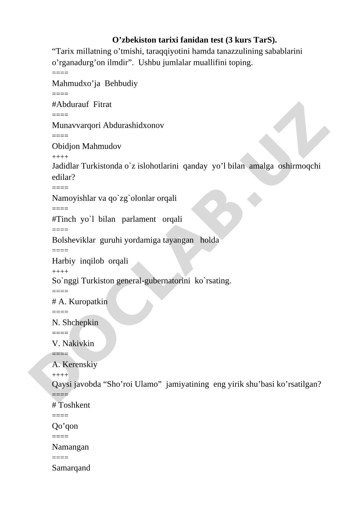 O'zbekiston tarixi fanidan test (3 kurs TarS)