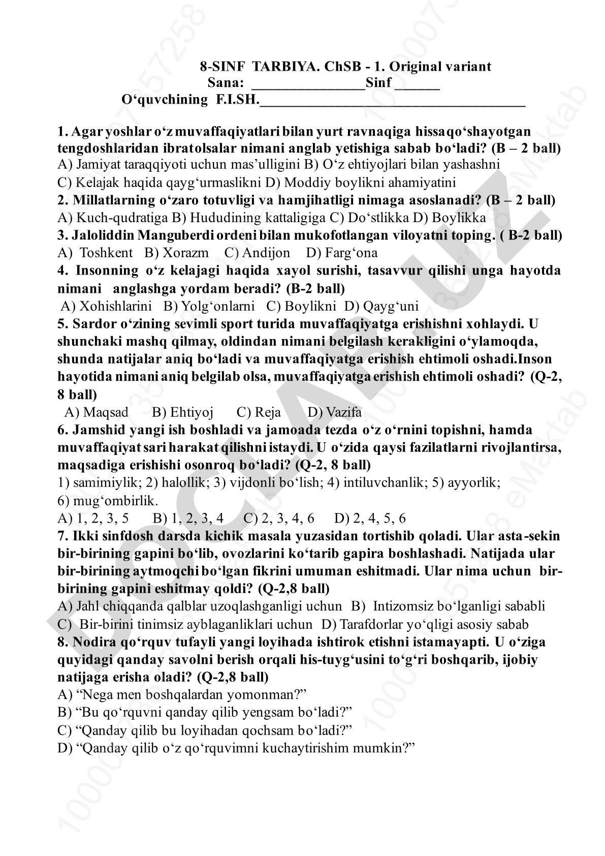 8-sinf Tarbiya fanidan ChSB-1 test savollari