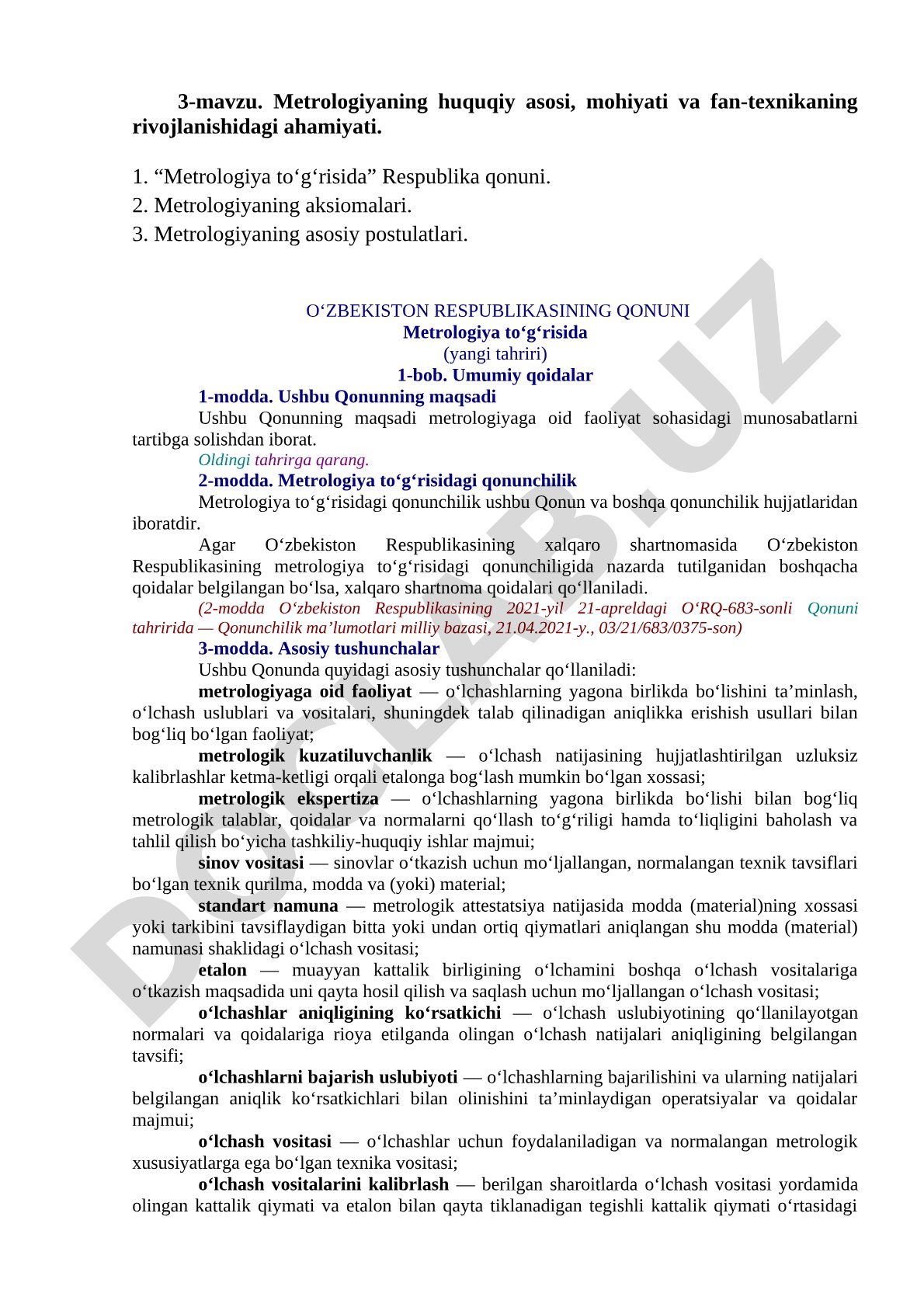 Metrologiyaning huquqiy asosi, mohiyati va fan-texnikaning rivojlanishidagi ahamiyati