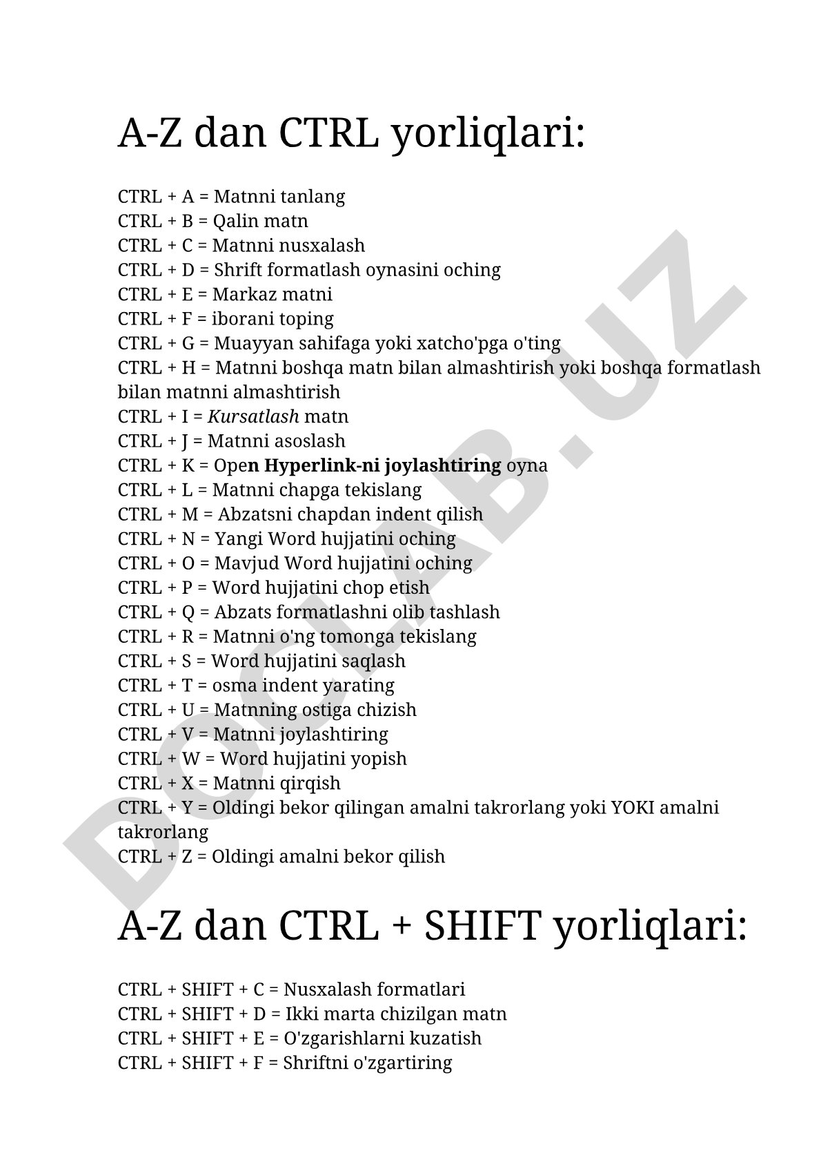 Microsoft Word CTRL klaviatura yorliqlari