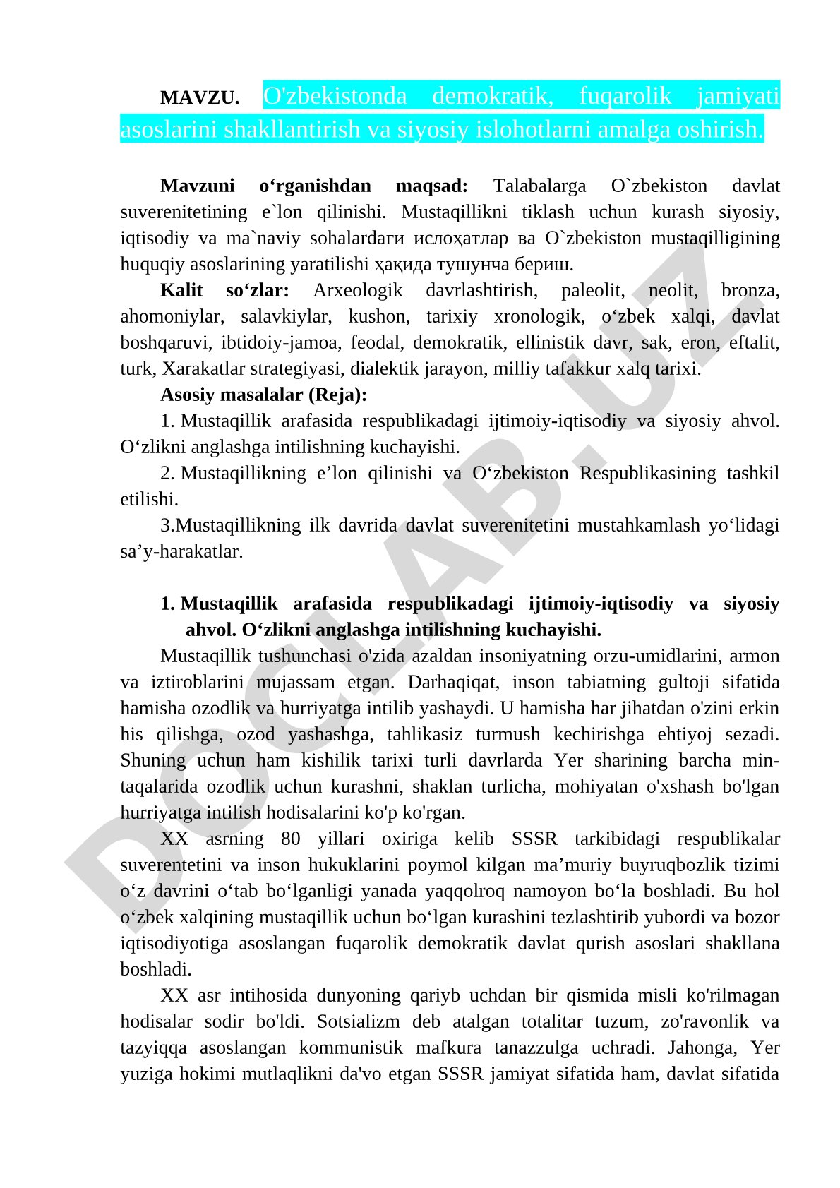 O'zbekistonda demokratik, fuqarolik jamiyati asoslarini shakllantirish va siyosiy islohotlarni amalga oshirish