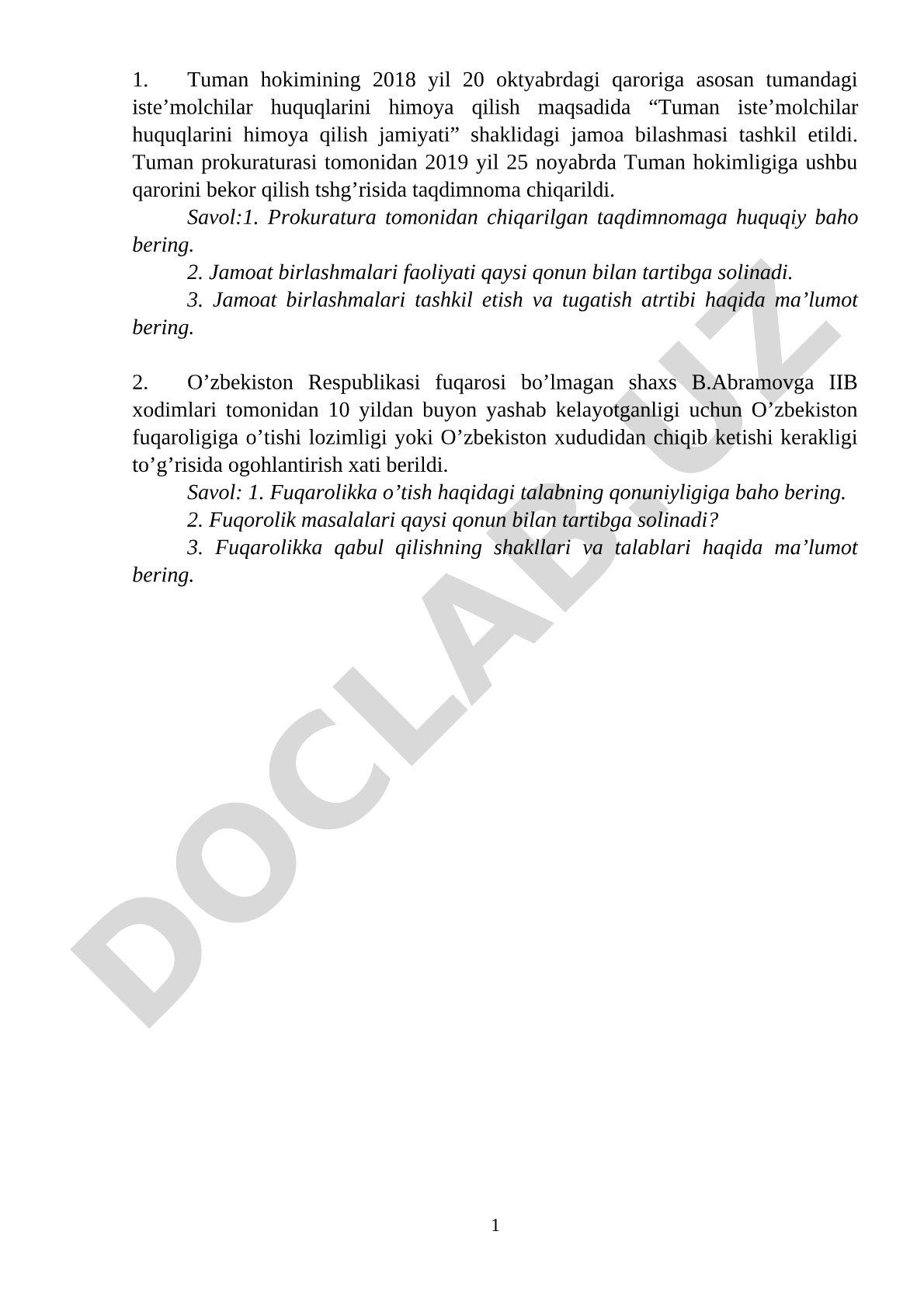 Iste'molchilar huquqlari va fuqarolikka oid huquqiy vaziyatlar