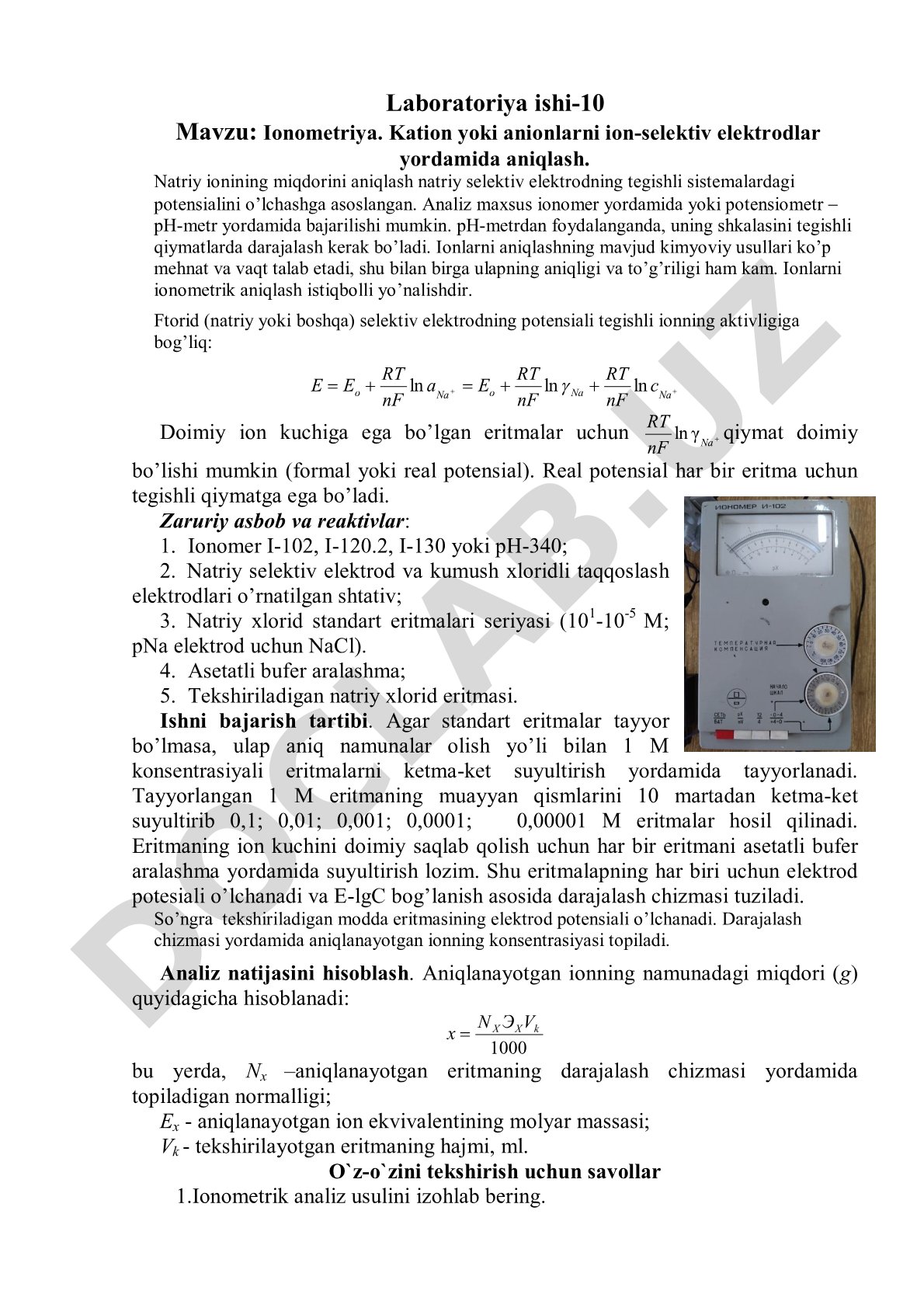 Ionometriya. Kation yoki anionlarni ion-selektiv elektrodlar yordamida aniqlash