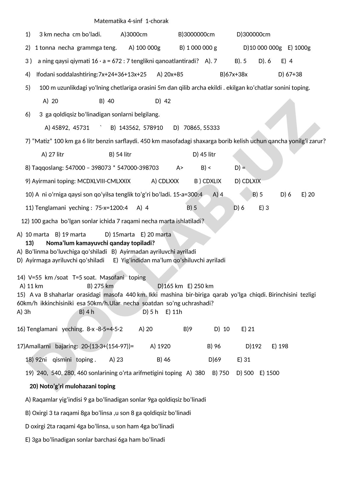 4-sinf matematika 1-chorak testi