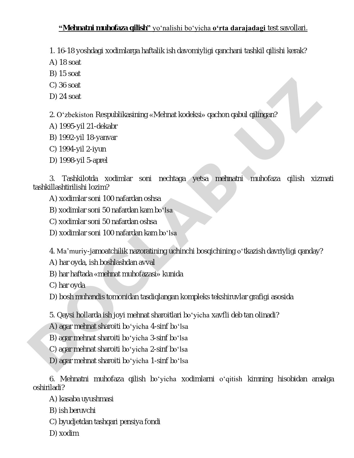Mehnatni muhofaza qilish o‘rta darajadagi test savollari