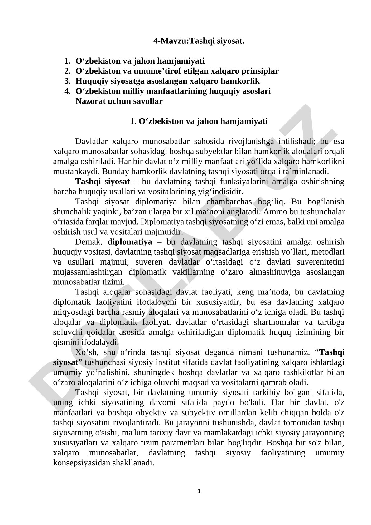 Tashqi siyosat. O‘zbekiston va jahon hamjamiyati