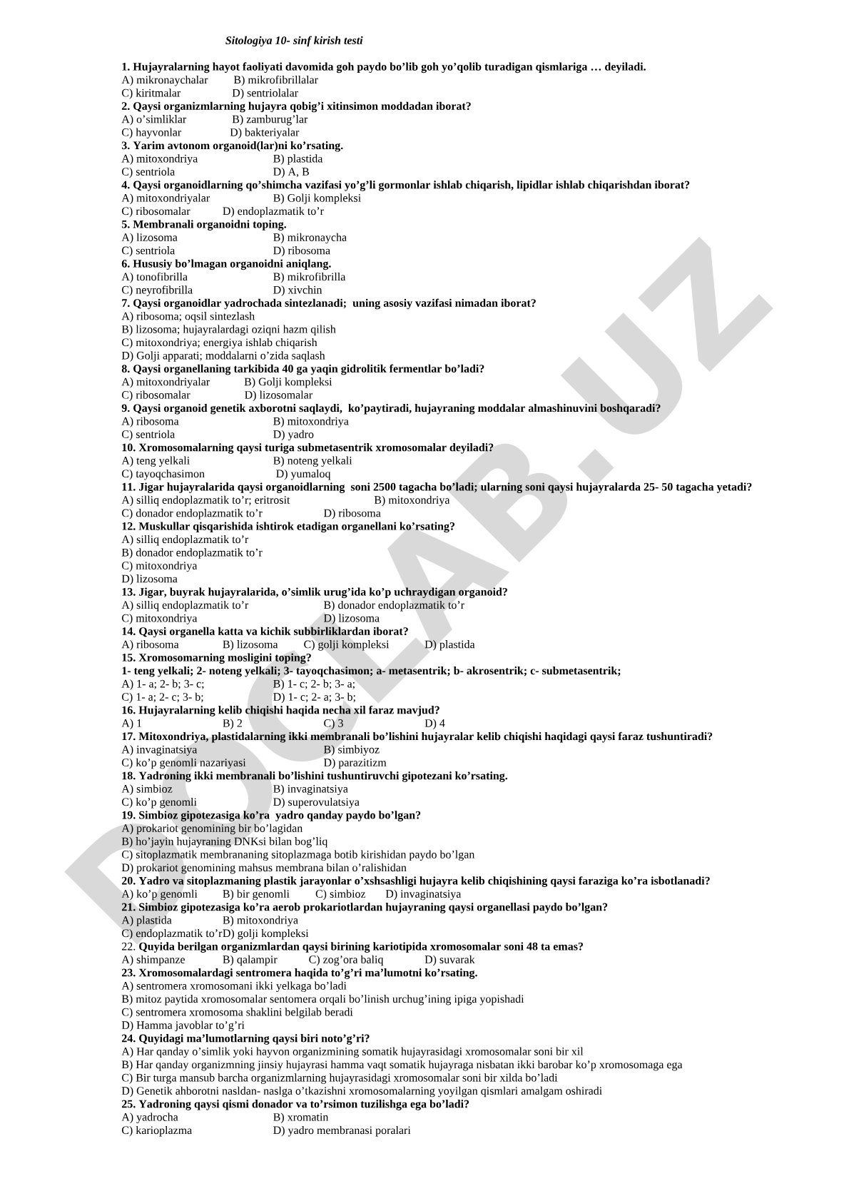 Sitologiya 10-sinf kirish testi