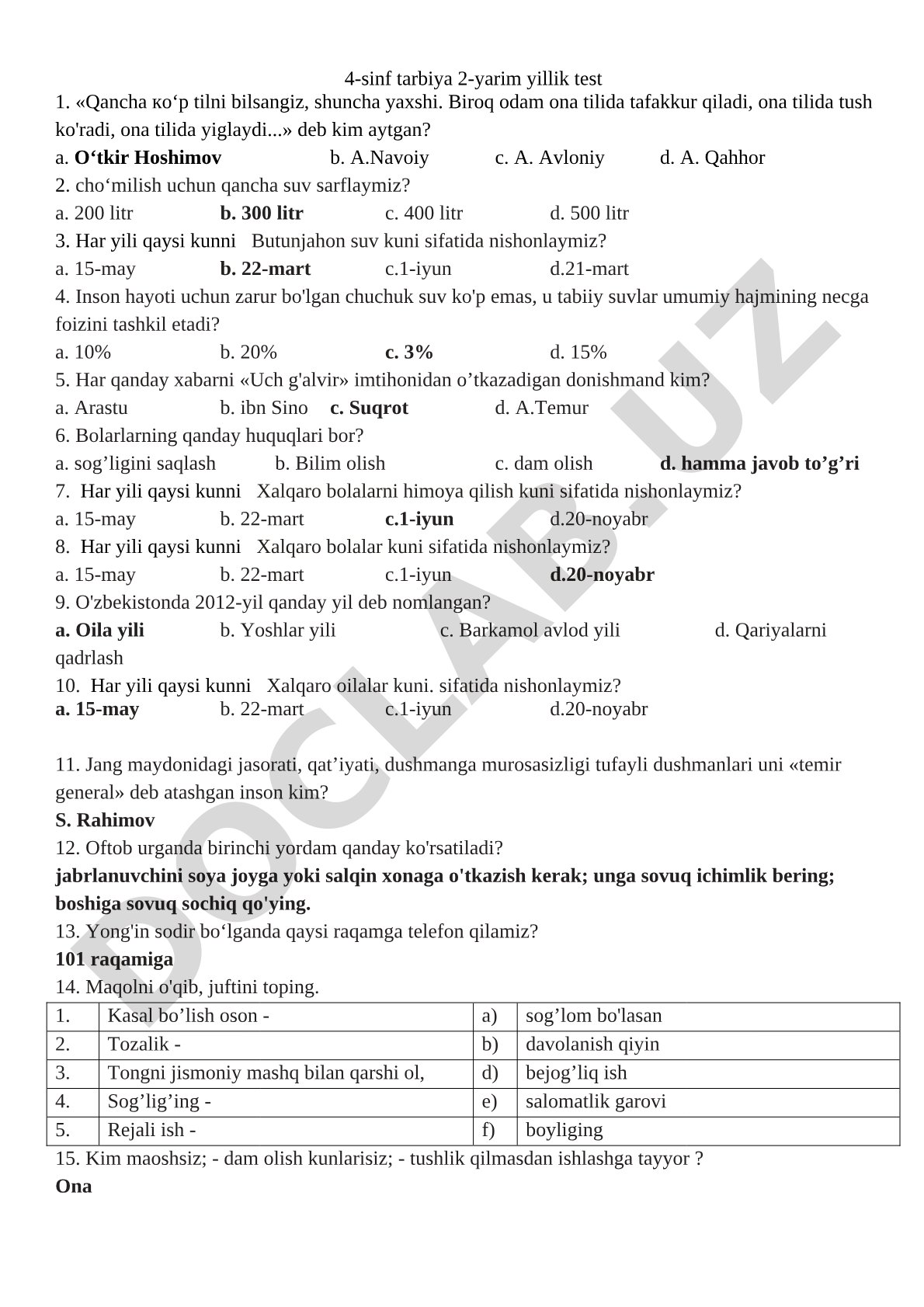 4-sinf tarbiya 2-yarim yillik test