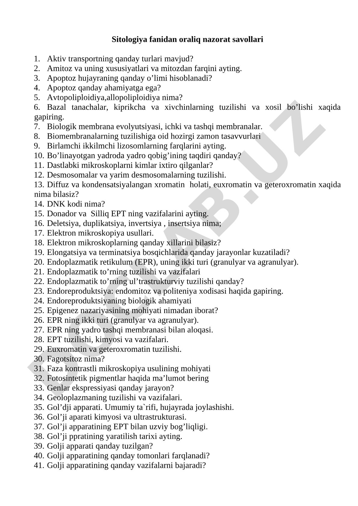 Sitologiya fanidan oraliq nazorat savollari