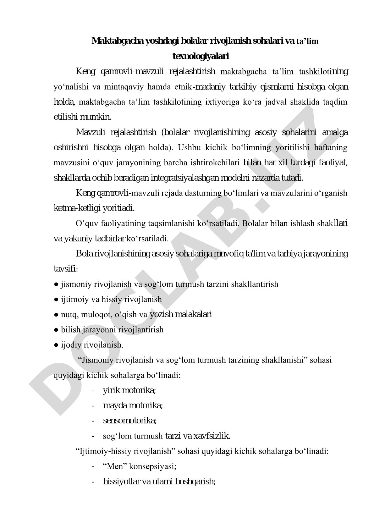 Maktabgacha yoshdagi bolalar rivojlanish sohalari va ta’lim texnologiyalari