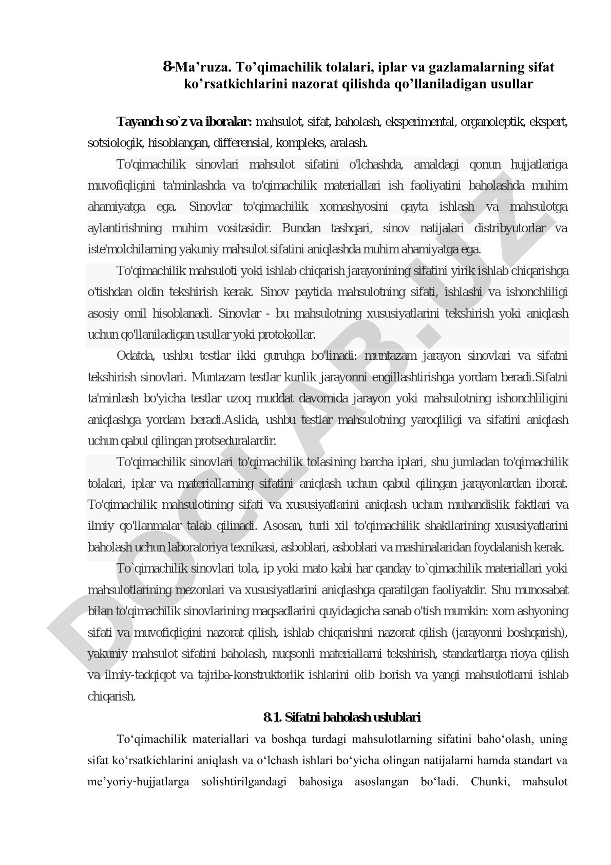 To’qimachilik tolalari, iplar va gazlamalarning sifat ko’rsatkichlarini nazorat qilishda qo’llaniladigan usullar
