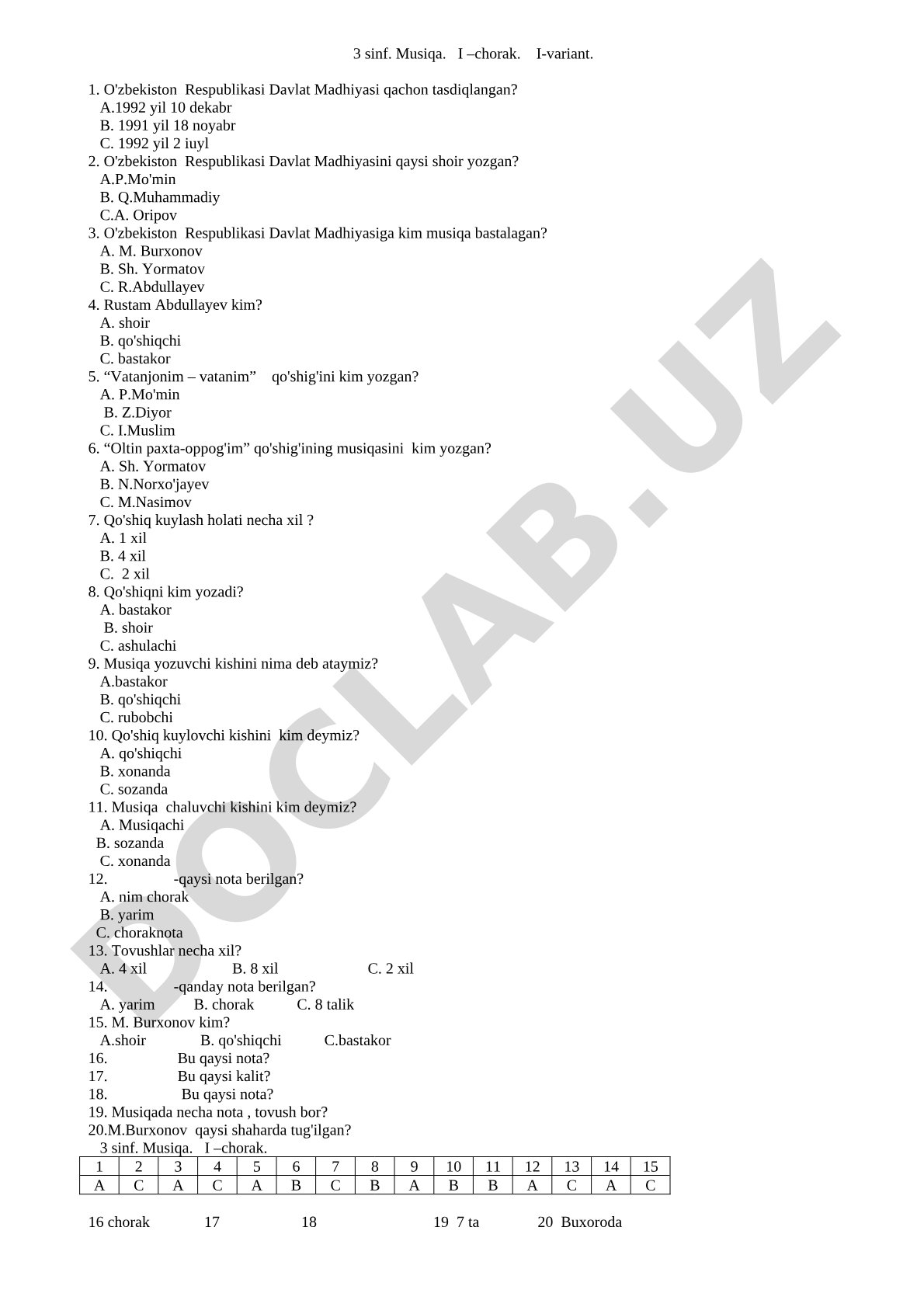 3-sinf Musiqa 1-chorak 1-variant test savollari