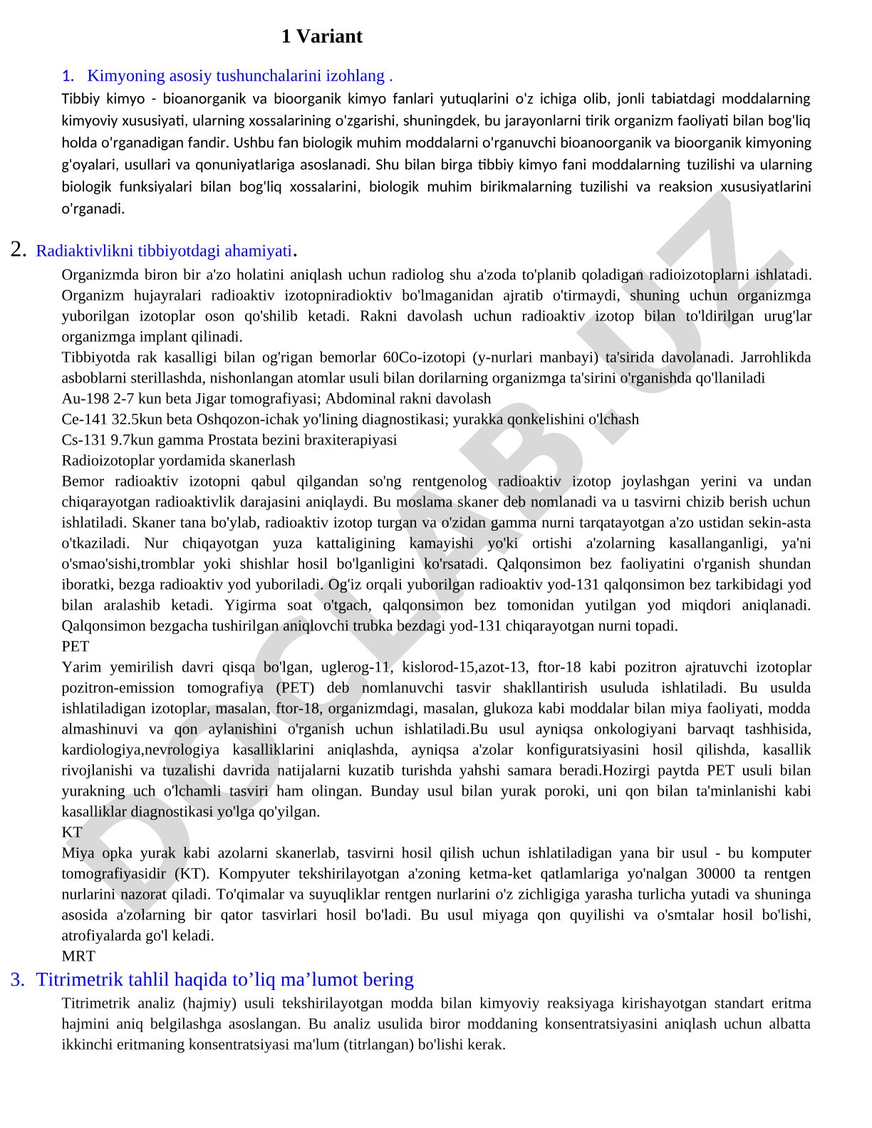 1 Variant Kimyoning asosiy tushunchalarini izohlang