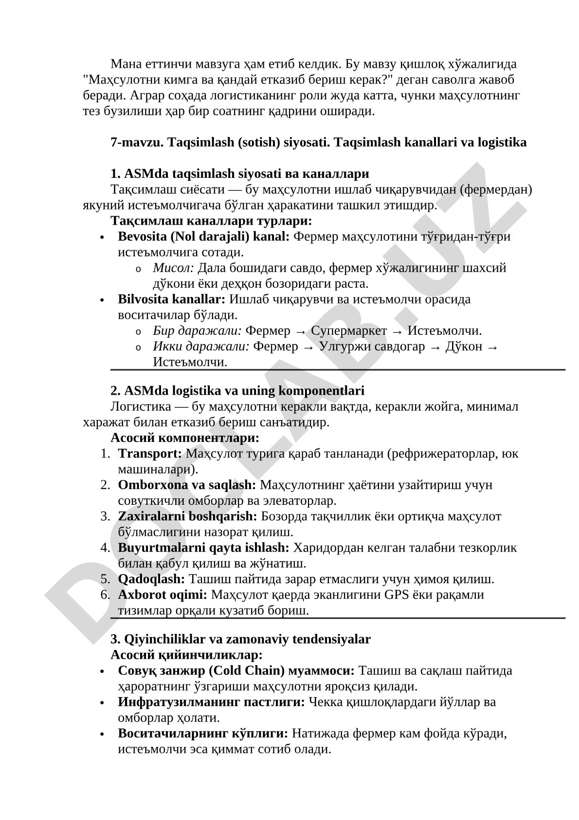 Taqsimlash (sotish) siyosati. Taqsimlash kanallari va logistika