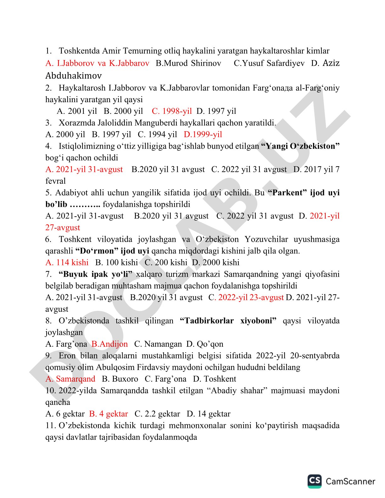 O'zbekiston tarixi va madaniyati bo'yicha test