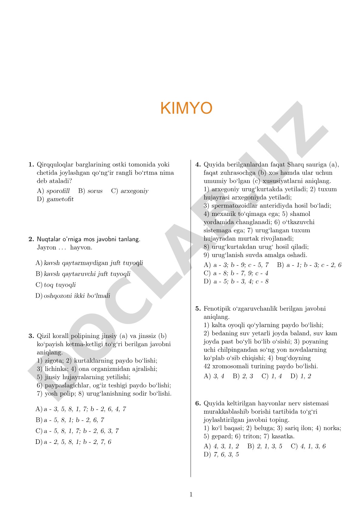 Biologiya fanidan test varianti