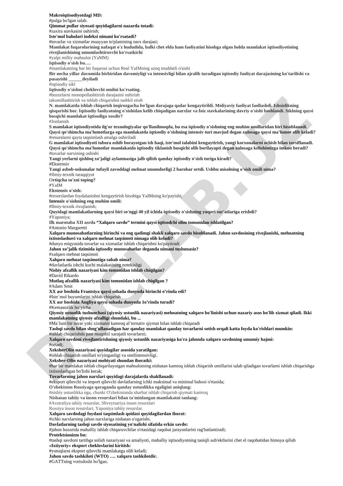 Makroiqtisodiyot bo'yicha test savollari