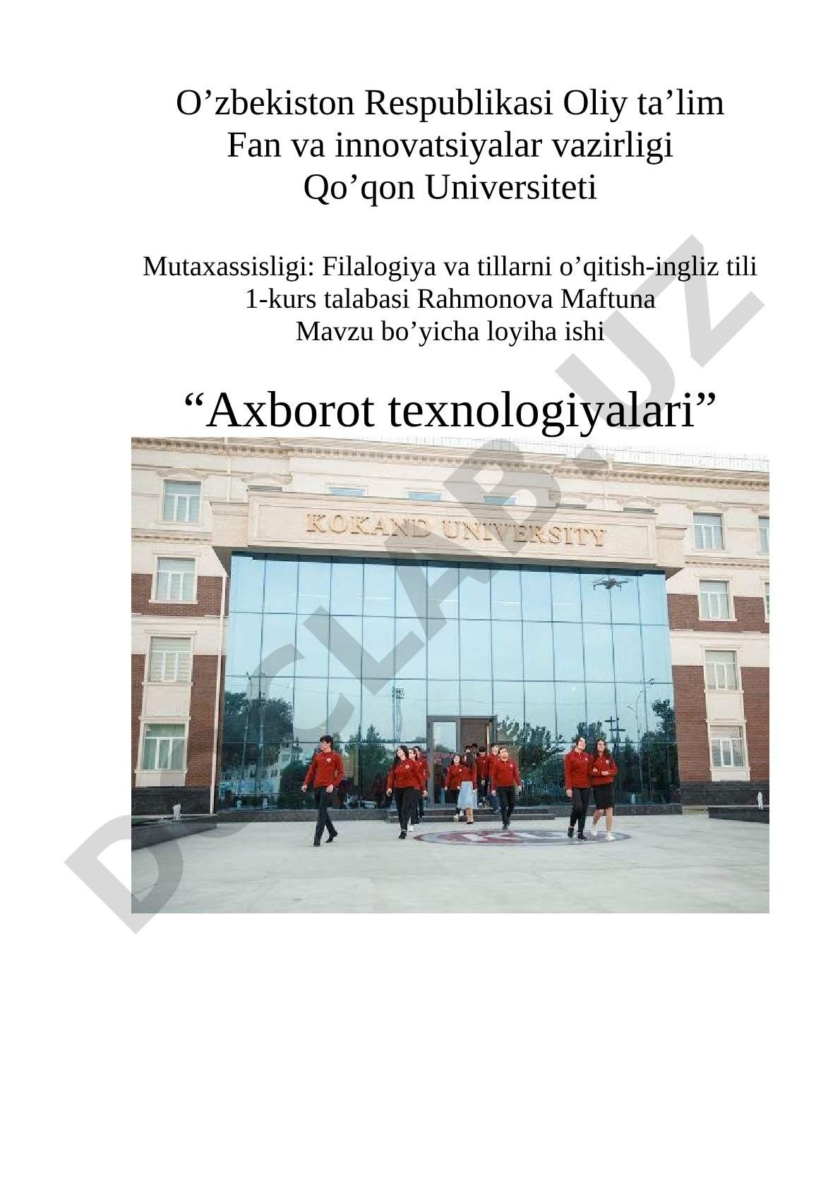 Axborot texnologiyalari mavzusidagi loyiha ishi va o'qishni qayta tiklash uchun ariza