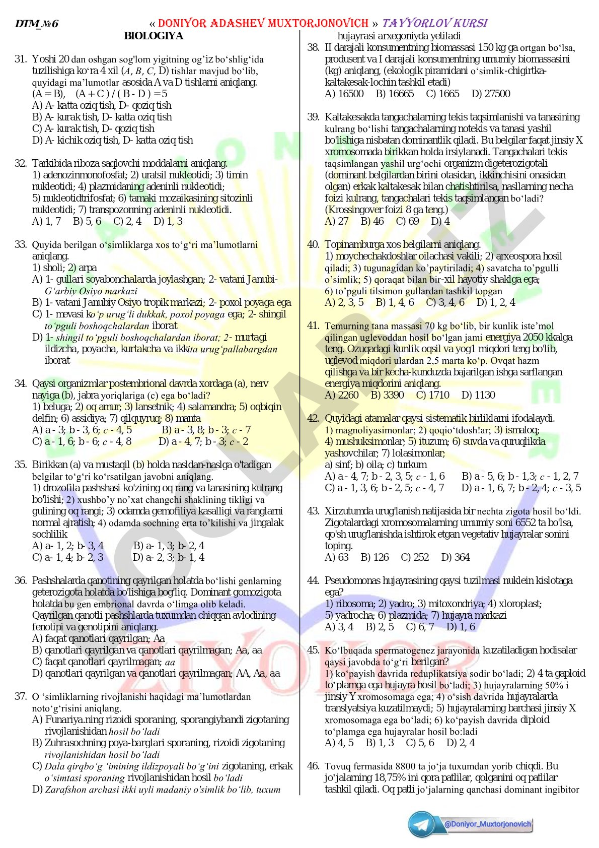 Biologiya fanidan test savollari