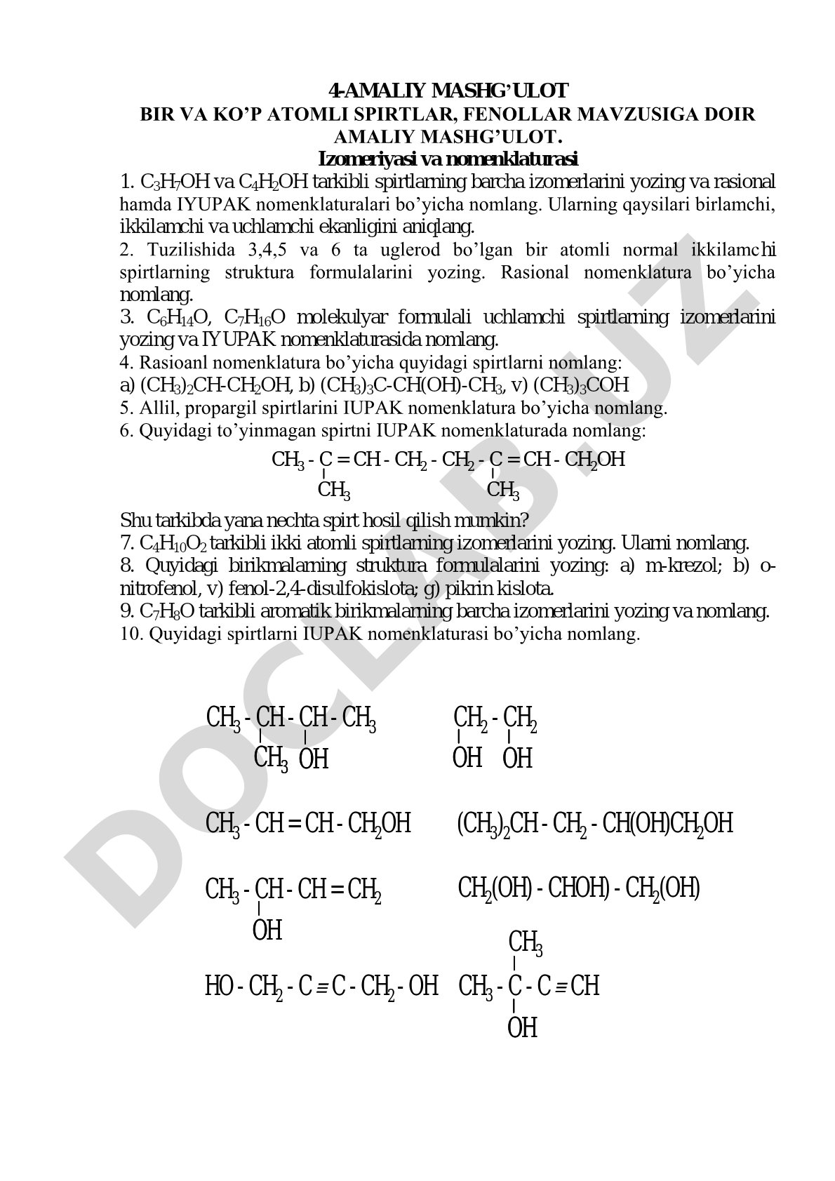 4-AMALIY MASHG’ULOT BIR VA KO’P ATOMLI SPIRTLAR, FENOLLAR MAVZUSIGA DOIR AMALIY MASHG’ULOT