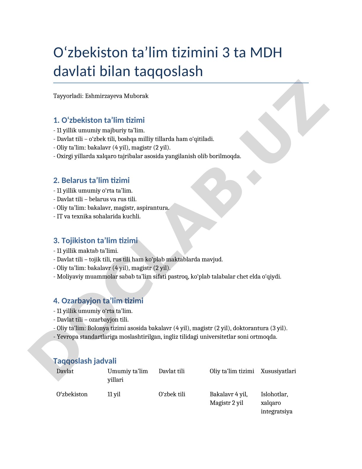 Oʻzbekiston taʼlim tizimini 3 ta MDH davlati bilan taqqoslash