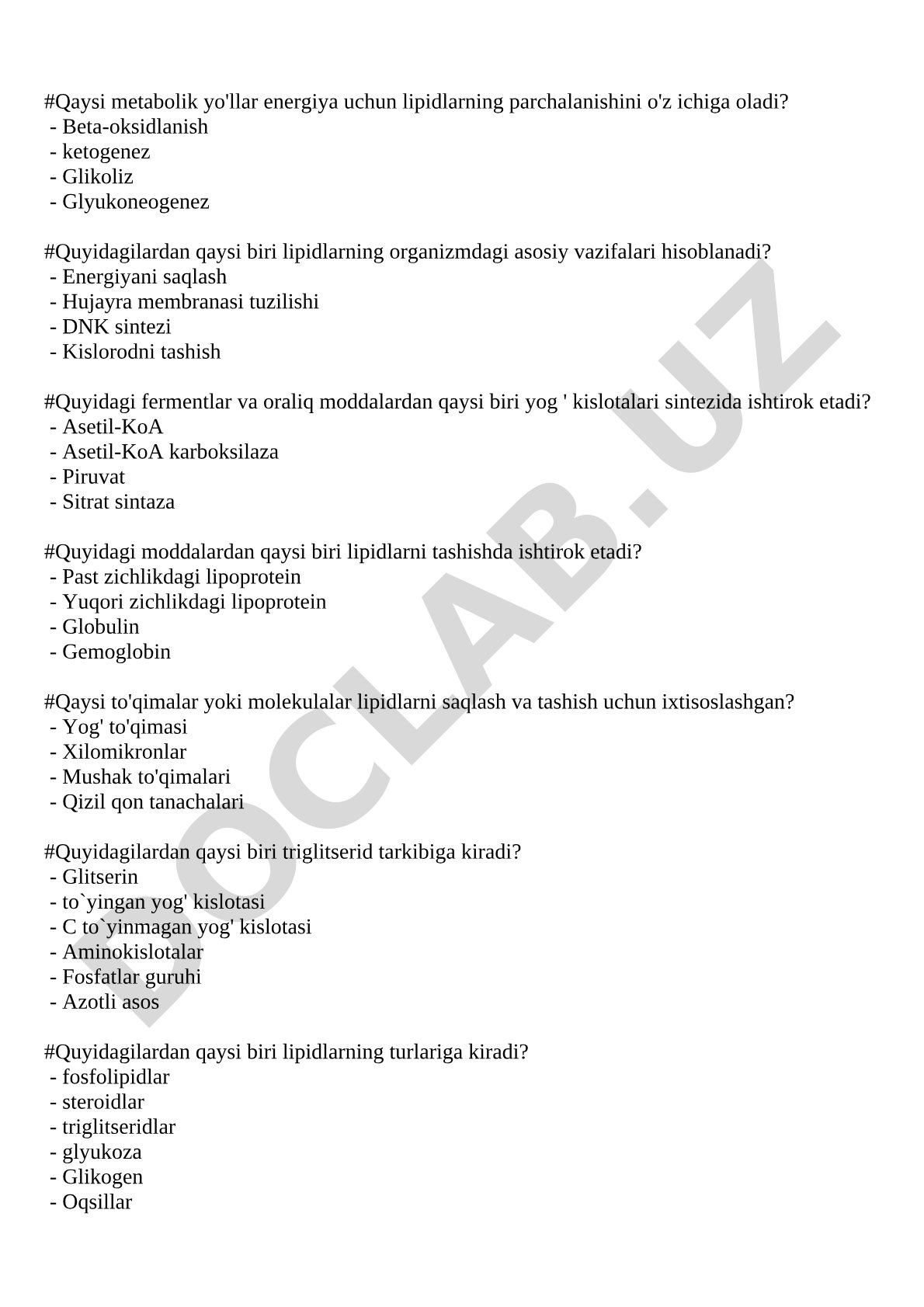 Lipidlar almashinuvi va vazifalari testi