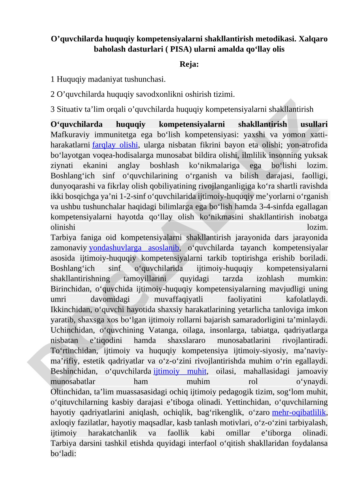 O‘quvchilarda huquqiy kompetensiyalarni shakllantirish metodikasi