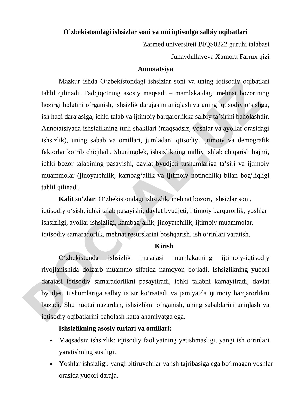 O’zbekistondagi ishsizlar soni va uni iqtisodga salbiy oqibatlari