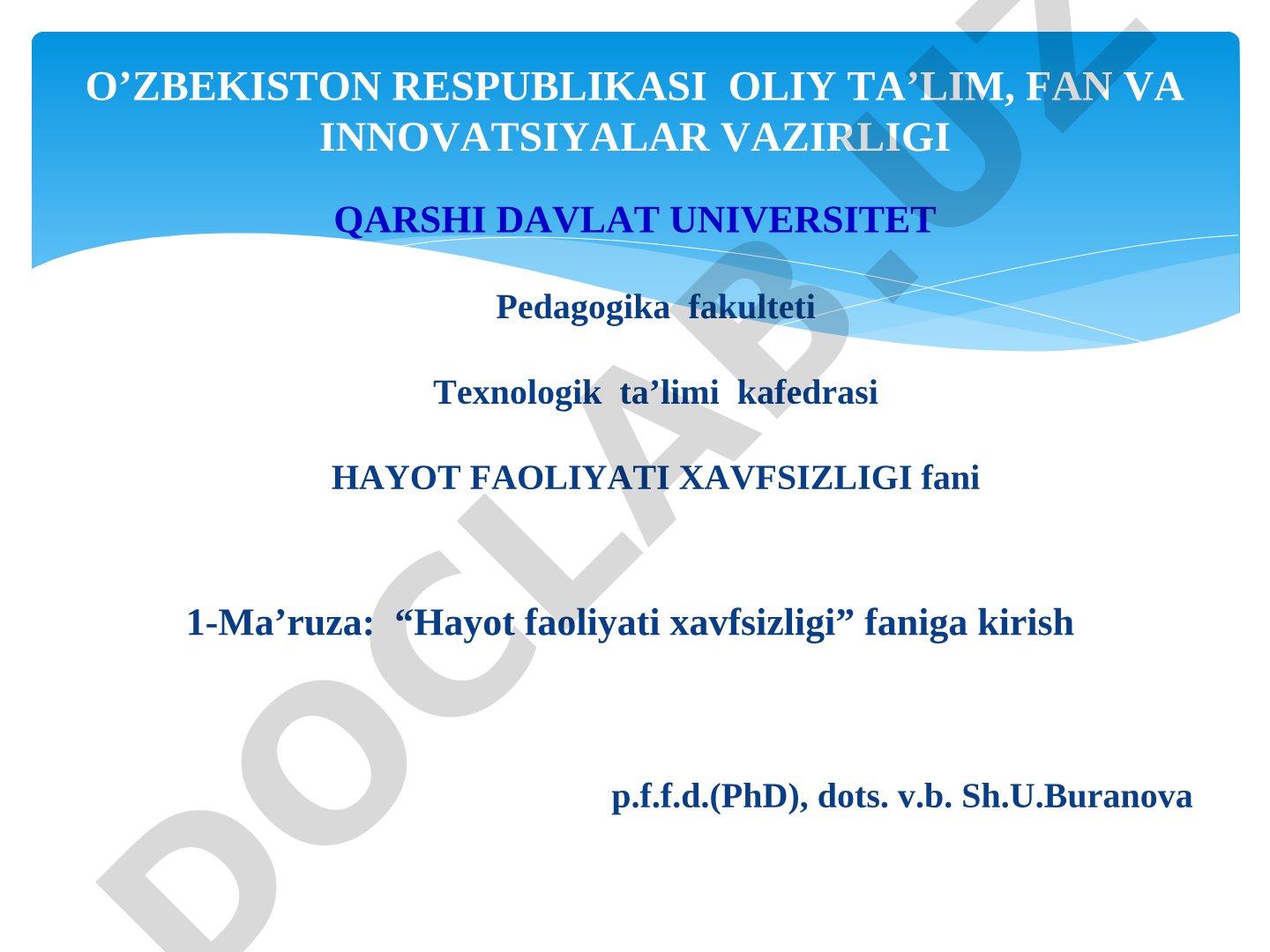 Hayot faoliyati xavfsizligi faniga kirish
