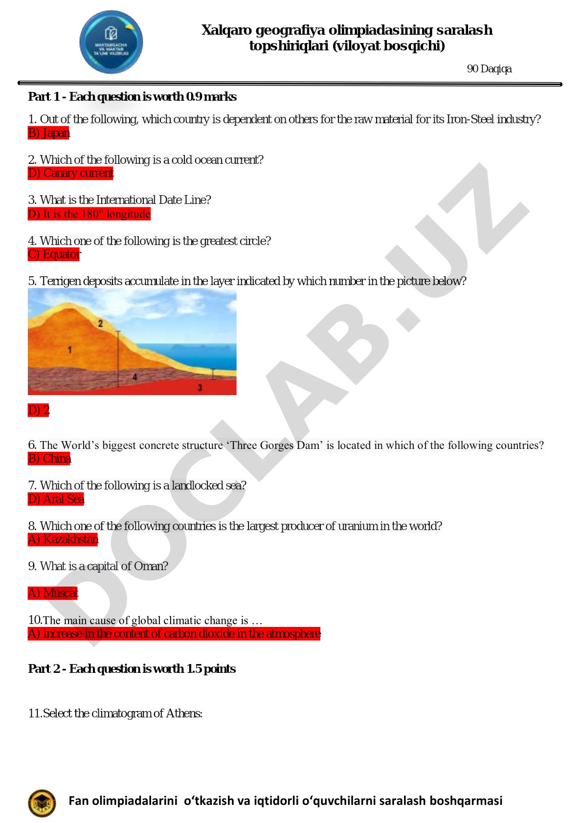 Xalqaro geografiya olimpiadasining saralash topshiriqlari (viloyat bosqichi)