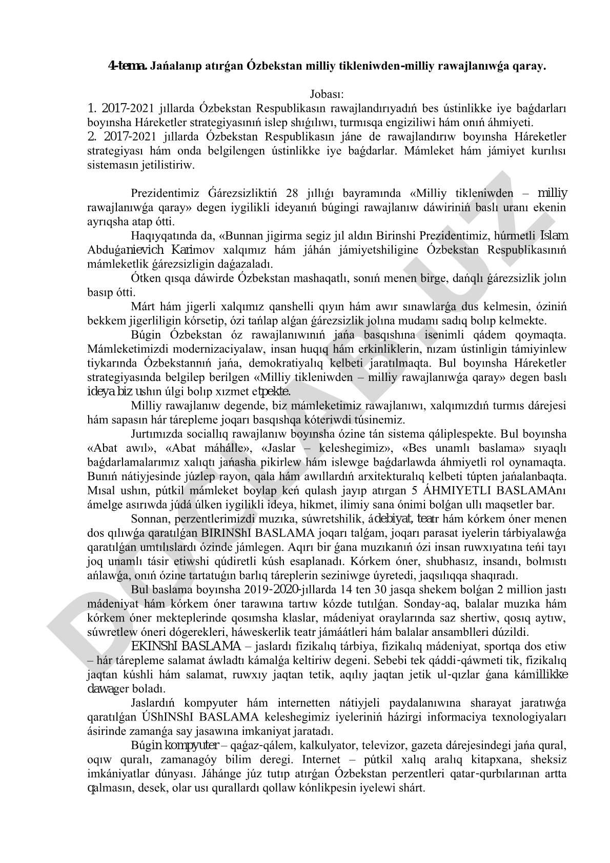 Jańalanıp atırǵan Ózbekstan milliy tikleniwden-milliy rawajlanıwǵa qaray