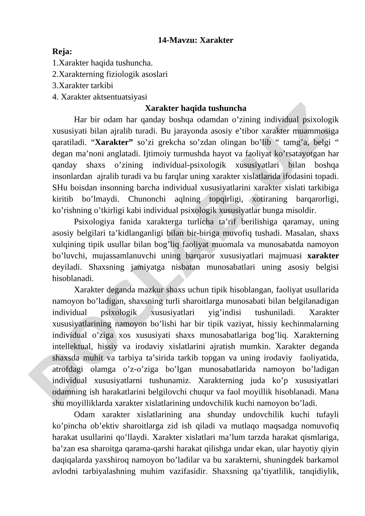 Xarakter haqida tushuncha, fiziologik asoslari, tarkibi va aktsentuatsiyasi