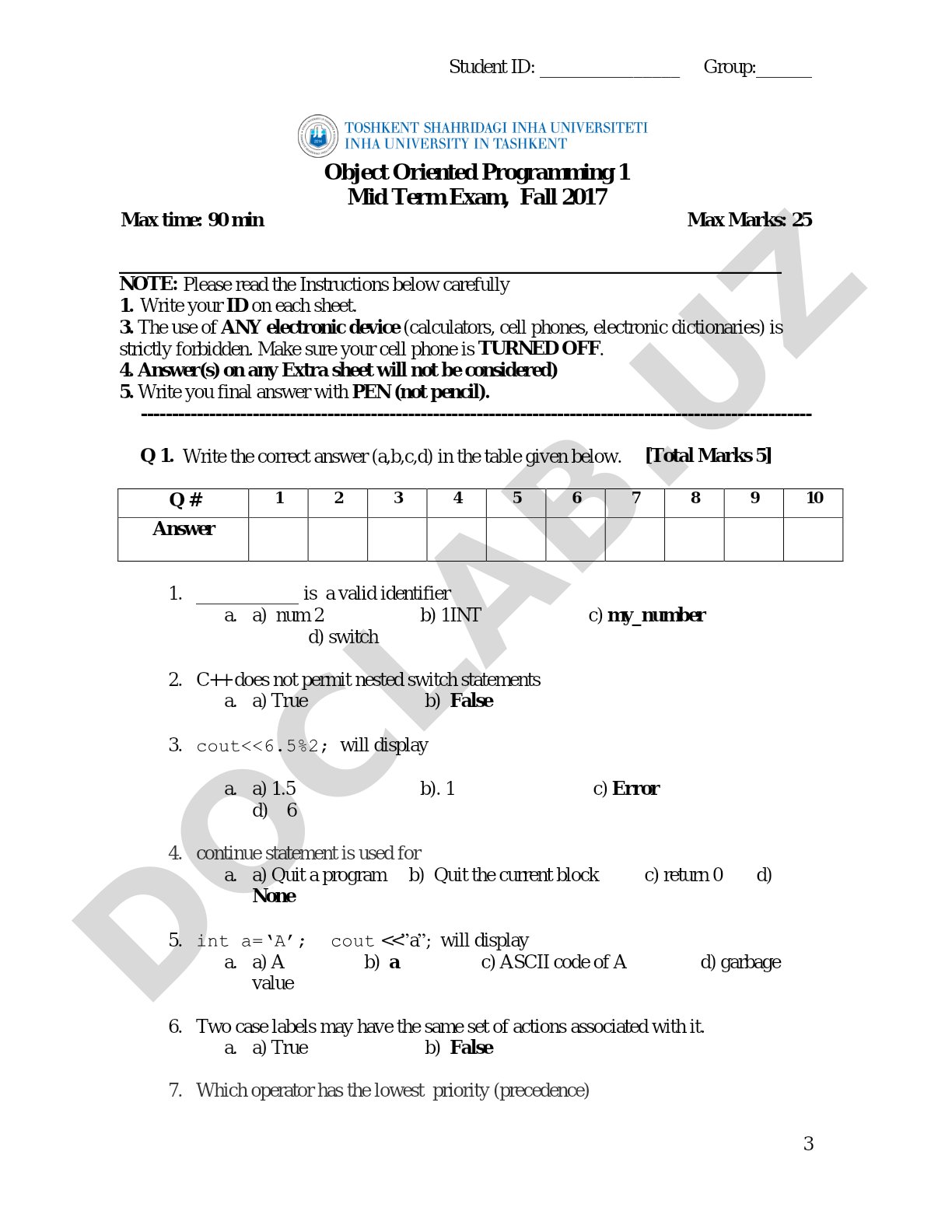 Object Oriented Programming 1 Mid Term Exam, Fall 2017