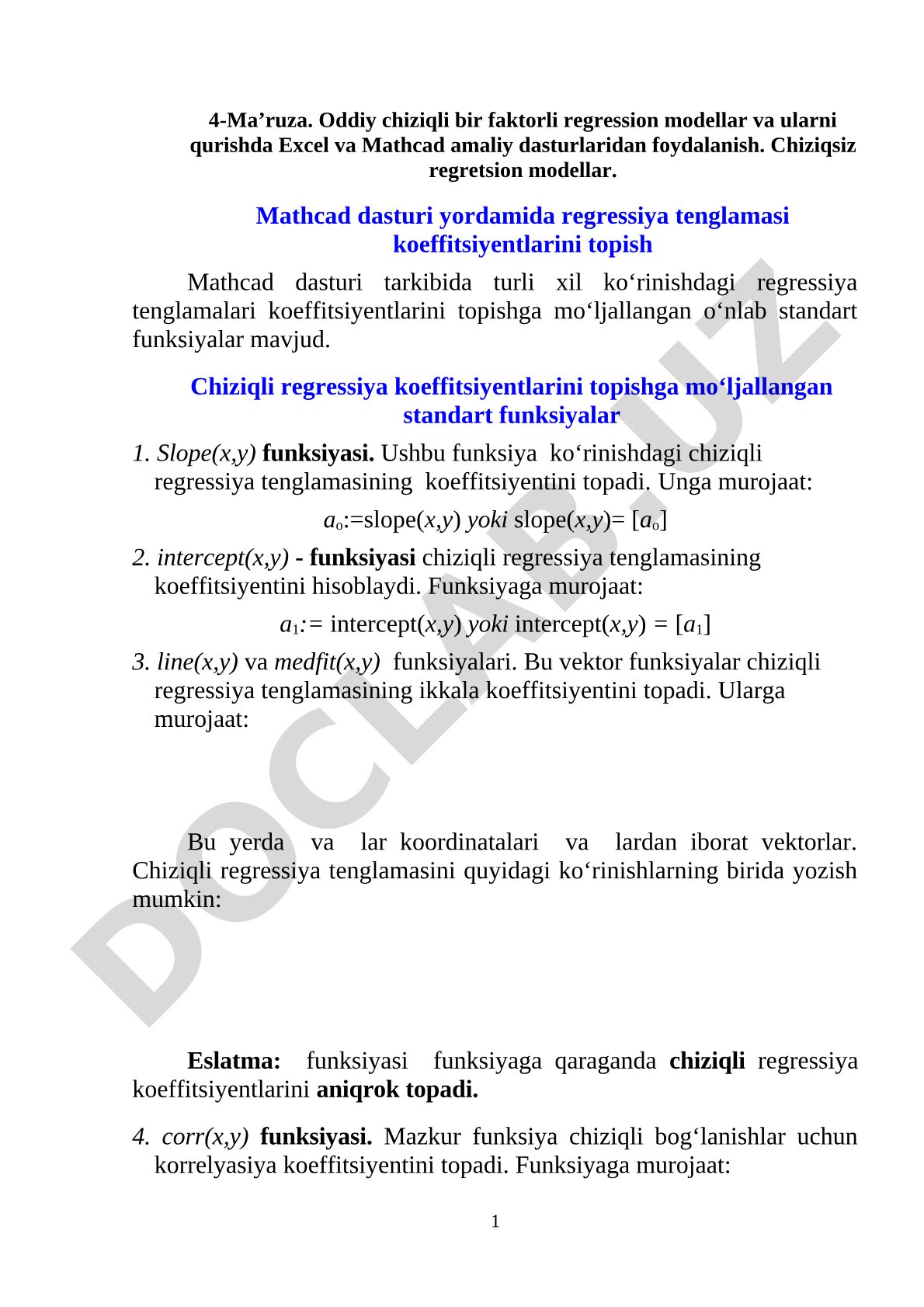 Oddiy chiziqli bir faktorli regression modellar va ularni qurishda Excel va Mathcad amaliy dasturlaridan foydalanish