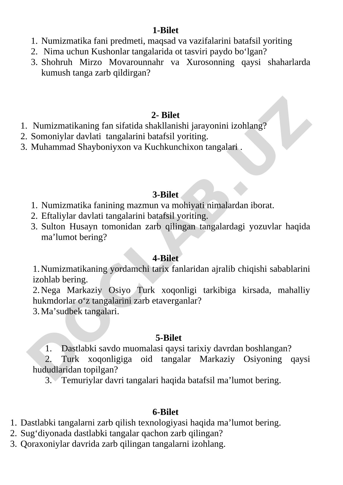Numizmatika fanidan biletlar: Kushonlar, Somoniylar, Temuriylar tangalari haqida