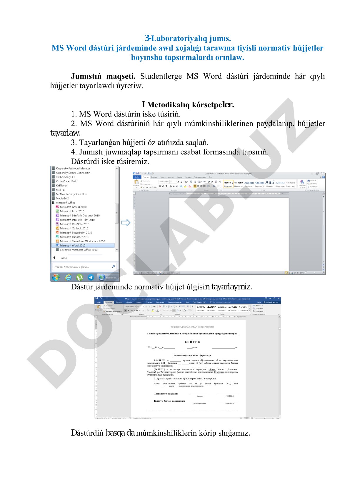 MS Word dástúri járdeminde awıl xojalıǵı tarawına tiyisli normativ tapsırmalardı orınlaw