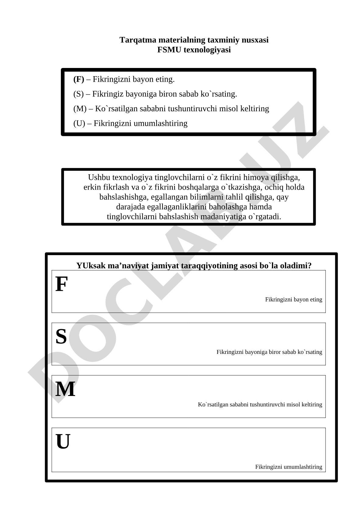 FSMU usulining bosqichlari: fikr, sabab, misol, umumlashtirish haqida tarqatma material