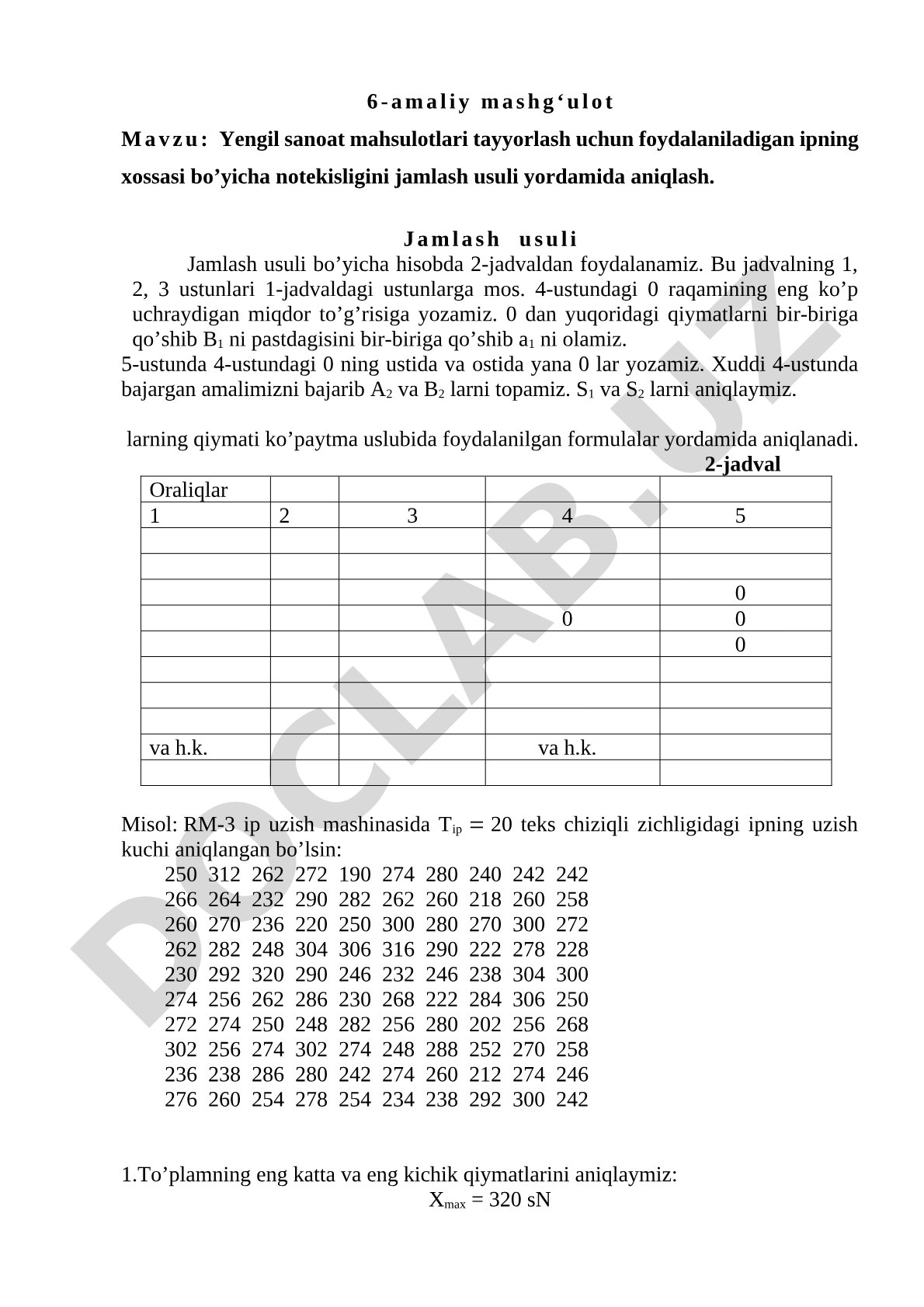 Yengil sanoat mahsulotlari tayyorlash uchun foydalaniladigan ipning xossasi bo'yicha notekisligini jamlash usuli yordamida aniqlash