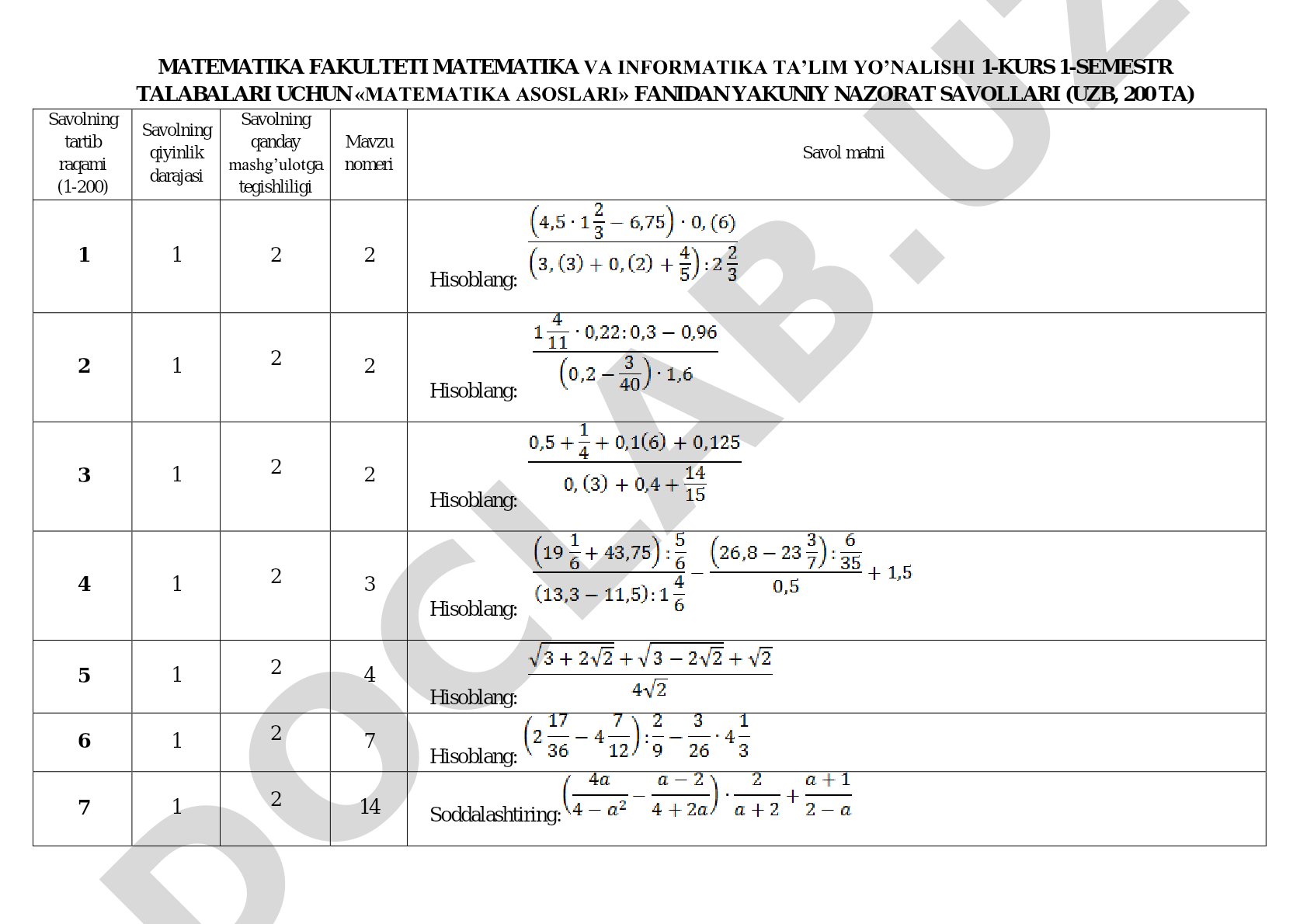 Matematika asoslari fanidan yakuniy nazorat savollari