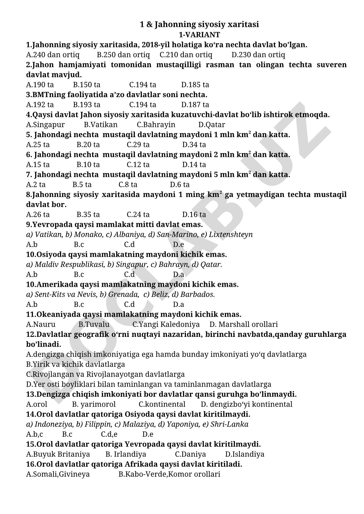 Jahonning siyosiy xaritasi test savollari