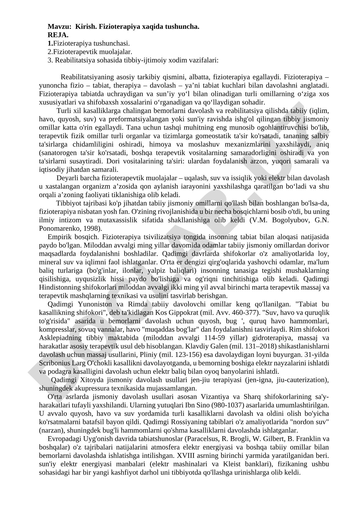 Kirish. Fizioterapiya haqida tushuncha