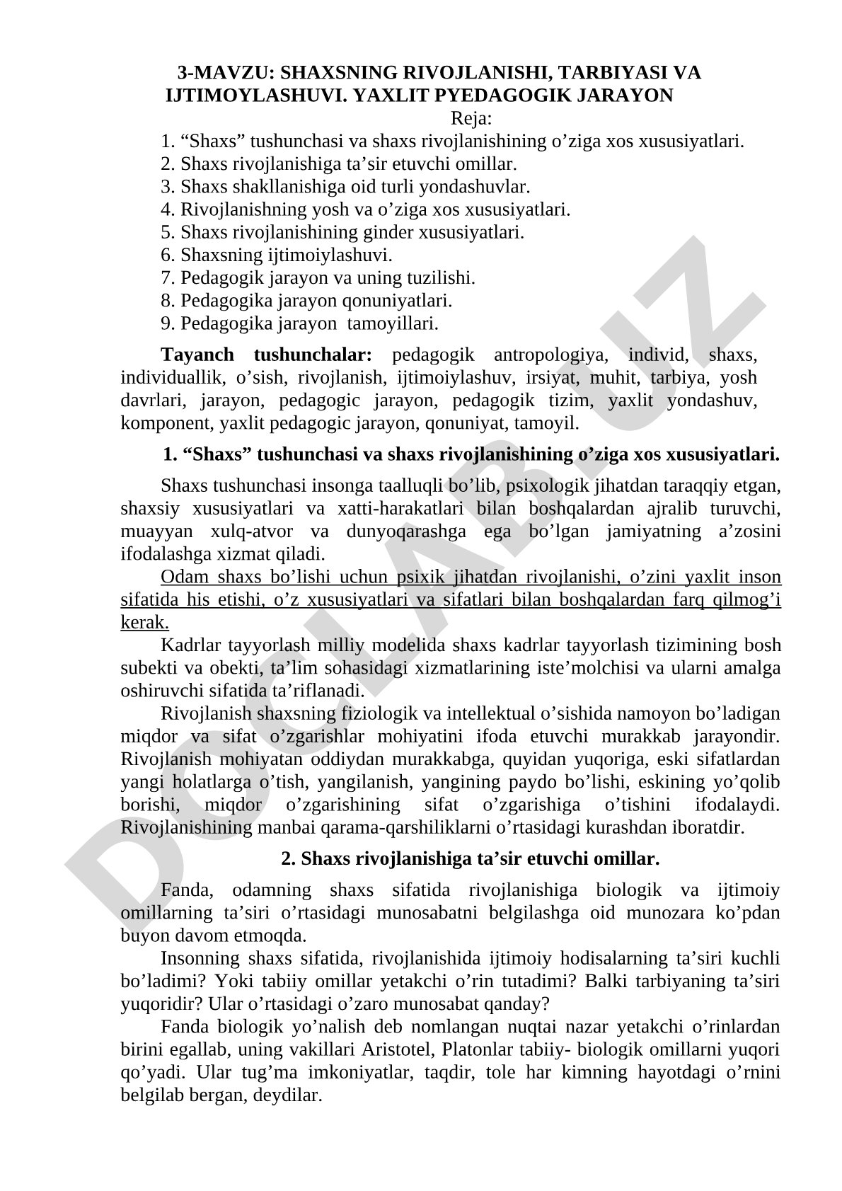 SHAXSNING RIVOJLANISHI, TARBIYASI VA IJTIMOYLASHUVI. YAXLIT PYEDAGOGIK JARAYON