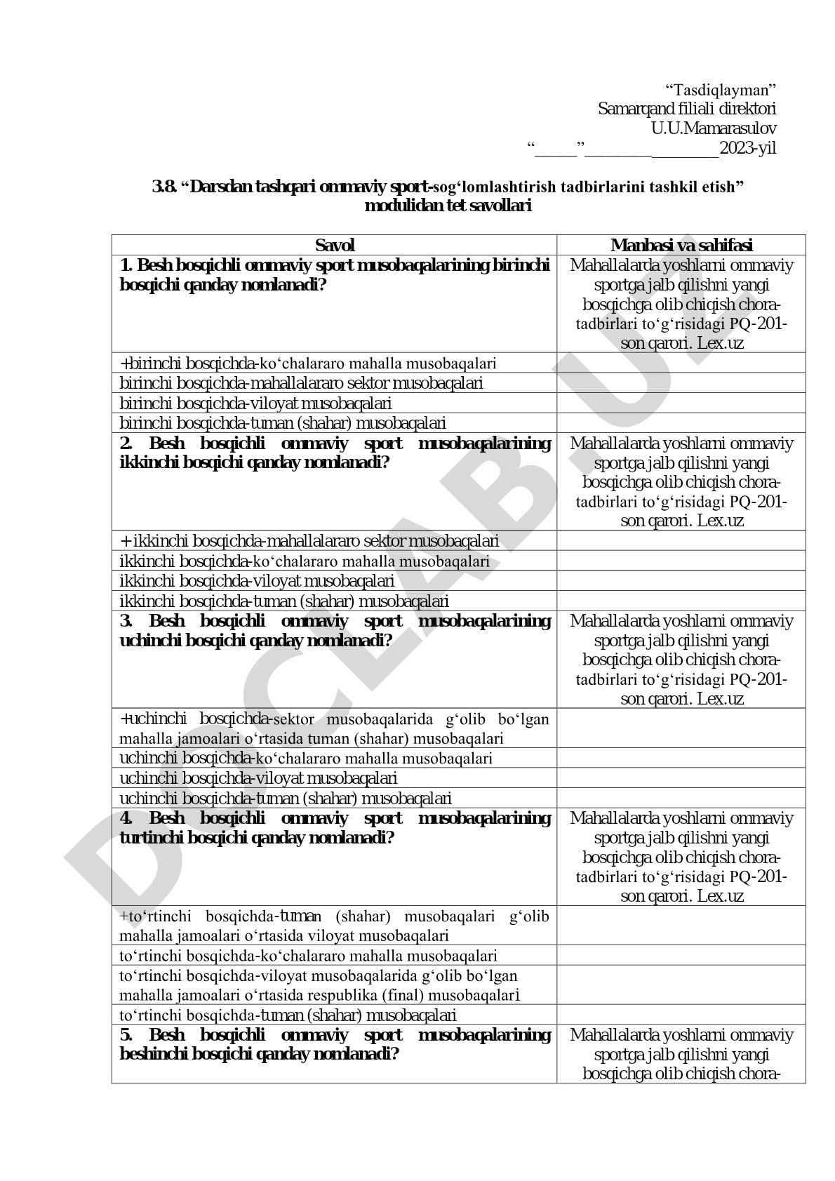 Darsdan tashqari ommaviy sport-sog‘lomlashtirish tadbirlarini tashkil etish modulidan tet savollari