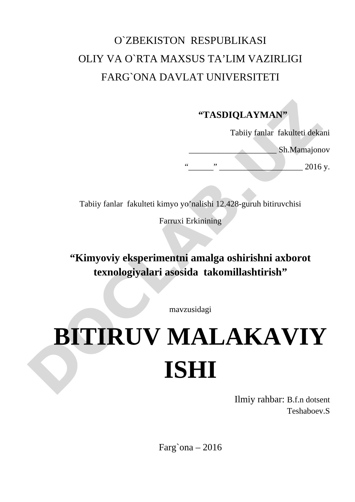 Kimyoviy eksperimentni amalga oshirishni axborot texnologiyalari asosida takomillashtirish