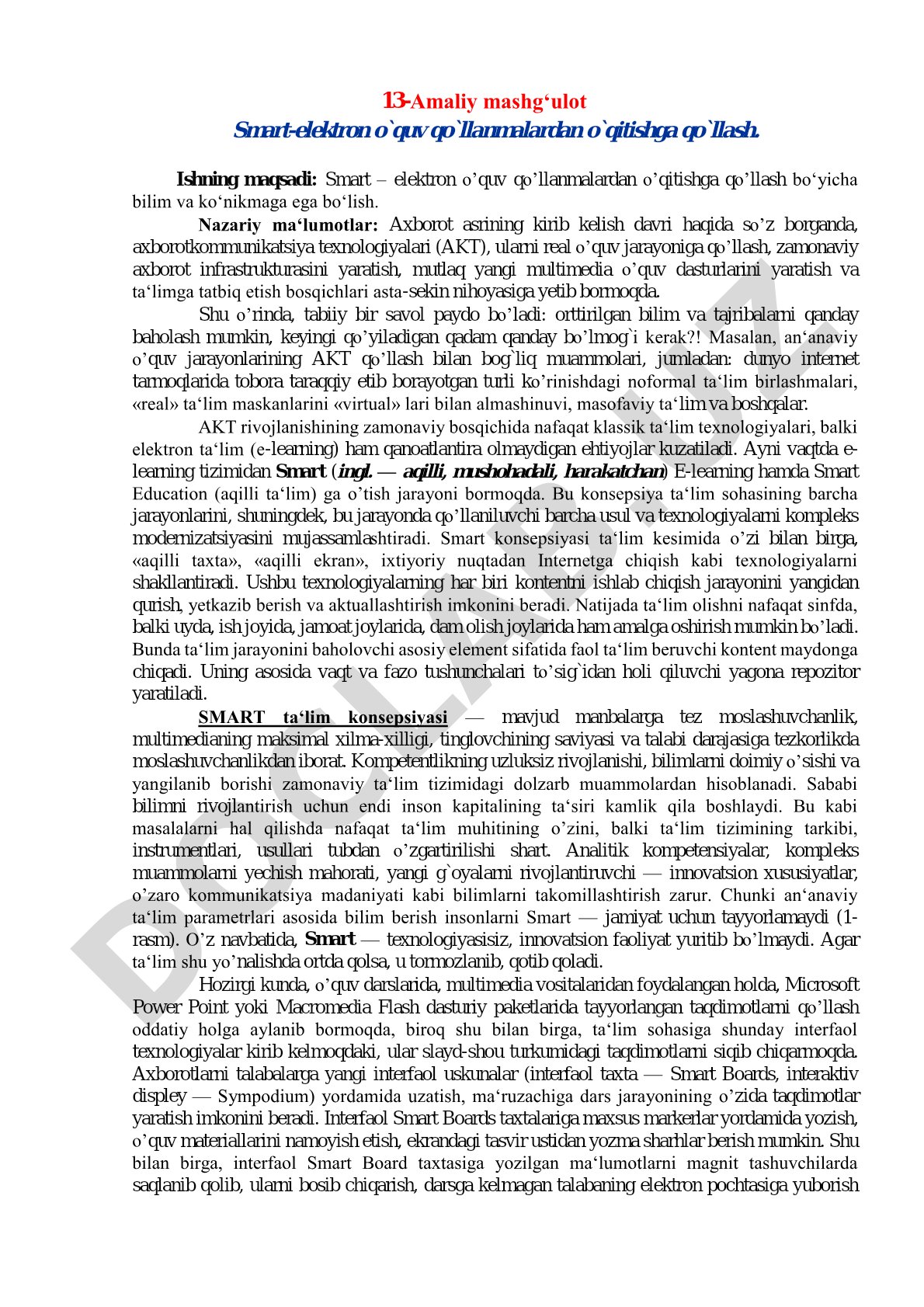 13-Amaliy mashg‘ulot Smart-elektron o`quv qo`llanmalardan o`qitishga qo`llash
