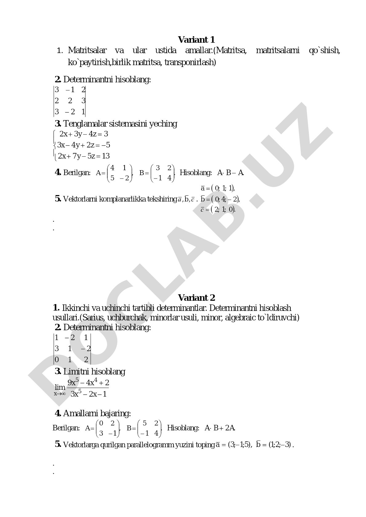 Matritsalar, determinantlar, tenglamalar, vektorlar, limit va hosilaga oid variantlar